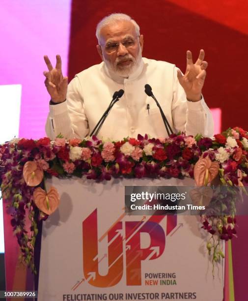 Prime Minister Narendra Modi, addressing a mega ground-breaking event at Indira Gandhi Pratishthan, on July 29, 2018 in Lucknow, India. These...