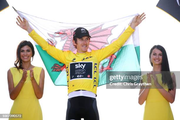 Podium / Geraint Thomas of Great Britain and Team Sky Yellow Leader Jersey / Celebration / Wales flag / during the 105th Tour de France 2018, Stage...