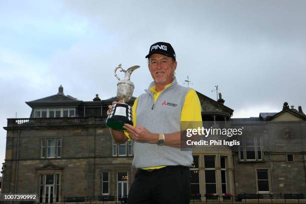 Miguel Angel Jimenez of Spain poses with the trophy after the final round of the Senior Open presented by Rolex played at The Old Course on July 29,...