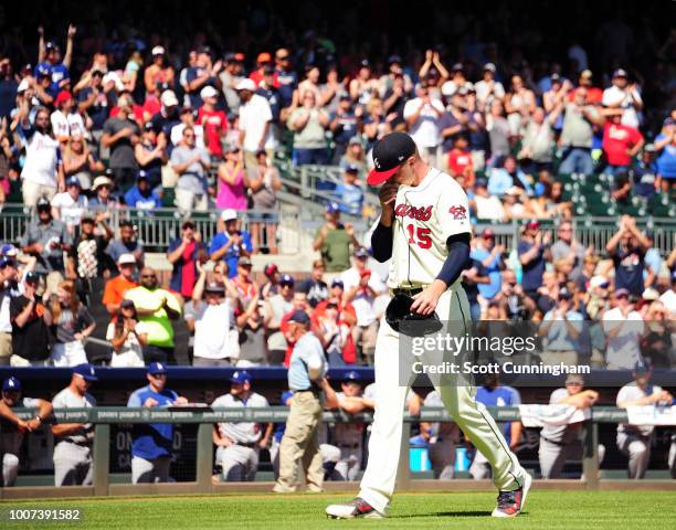 Sean Newcomb of the Atlanta Braves reacts after being removed from the game in the ninth inning against the Los Angeles Dodgers at SunTrust Park on...