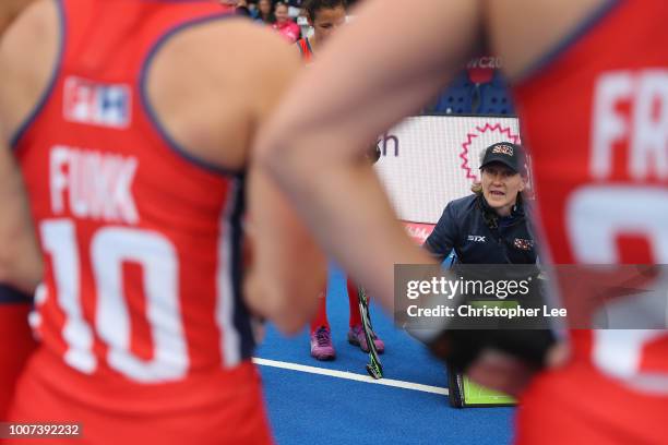 Janneke Schopman of USA talks to her players during the Pool B game between India and USA of the FIH Womens Hockey World Cup at Lee Valley Hockey and...