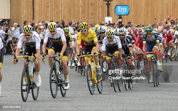 Yellow jersey Geraint Thomas of Great Britain and Team Sky between Chris Froome of Great Britain and Team Sky and Egan Bernal Gomez of Colombia and...