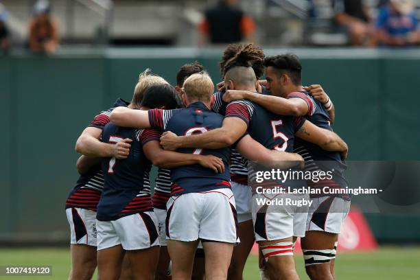 Team Hong Kong huddle up before the match against Uruguay during day three of the Rugby World Cup Sevens at AT&T Park on July 22, 2018 in San...