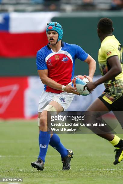 Francisco Urroz of Chile in action against Uganda during day three of the Rugby World Cup Sevens at AT&T Park on July 22, 2018 in San Francisco,...