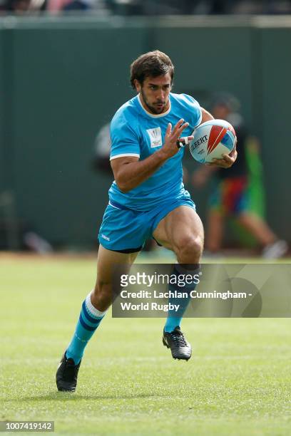 Sebastian Schroeder of Uruguay in action against Hong Kong during day three of the Rugby World Cup Sevens at AT&T Park on July 22, 2018 in San...