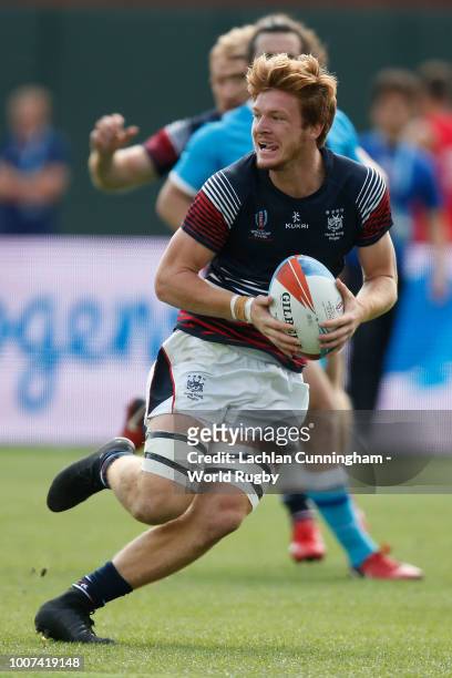 Liam Herbert of Hong Kong in action against Uruguay during day three of the Rugby World Cup Sevens at AT&T Park on July 22, 2018 in San Francisco,...