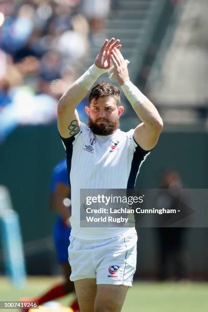 Danny Barrett of the United States acknowledges the fans after the match against Scotland on day three of the Rugby World Cup Sevens at AT&T Park on...