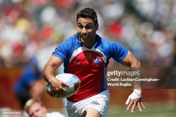 Francisco Metuaze of Chile in action against Hong Kong during day three of the Rugby World Cup Sevens at AT&T Park on July 22, 2018 in San Francisco,...