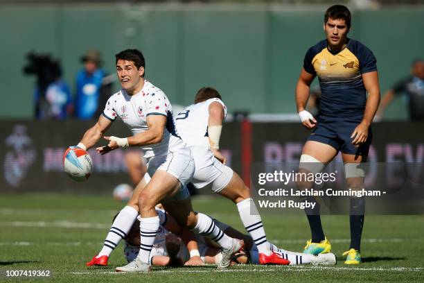 Madison Hughes of the United States passes the ball against Argentina during day three of the Rugby World Cup Sevens at AT&T Park on July 22, 2018 in...