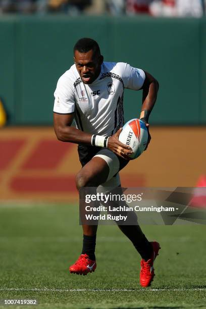 Sevuloni Mocenacagi of Fiji runs with the ball against South Africa during day three of the Rugby World Cup Sevens at AT&T Park on July 22, 2018 in...