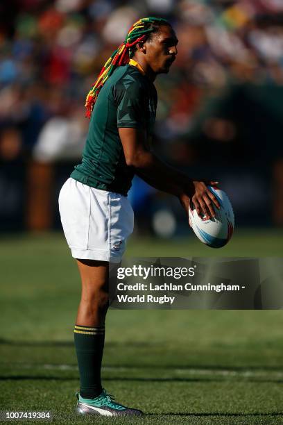 Justin Geduld of South Africa lines up a conversion kick against Fiji during day three of the Rugby World Cup Sevens at AT&T Park on July 22, 2018 in...