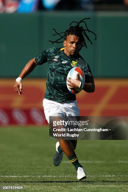 Rosko Specman of South Africa runs with the ball against Fiji during day three of the Rugby World Cup Sevens at AT&T Park on July 22, 2018 in San...