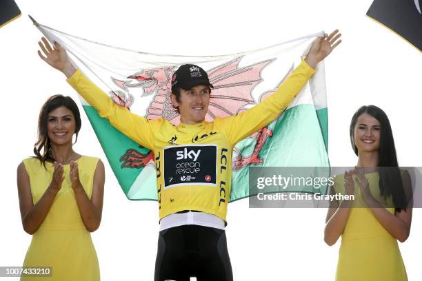 Podium / Geraint Thomas of Great Britain and Team Sky Yellow Leader Jersey / Celebration / Wales flag / during the 105th Tour de France 2018, Stage...