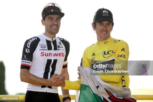 Podium / Geraint Thomas of Great Britain and Team Sky Yellow Leader Jersey / Tom Dumoulin of The Netherlands and Team Sunweb / Celebration / Wales...