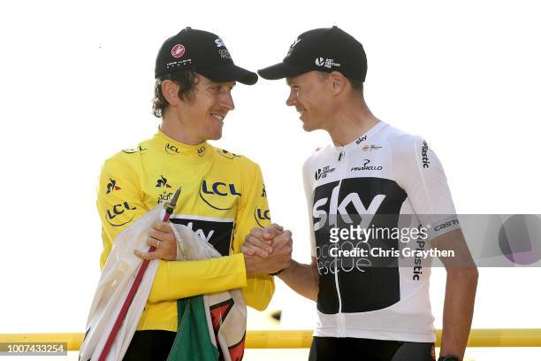Podium / Geraint Thomas of Great Britain and Team Sky Yellow Leader Jersey / Christopher Froome of Great Britain and Team Sky / Celebration / Wales...