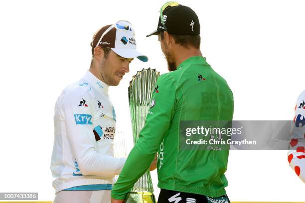 Podium / Pierre Latour of France and Team AG2R La Mondiale White Best Young Jersey / Peter Sagan of Slovakia and Team Bora Hansgrohe Green Sprint...