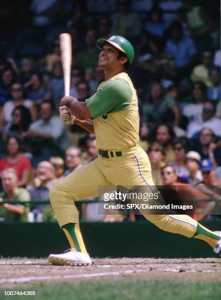 Reggie Jackson of the Oakland A's at bat during a game from his 1971 season with the Oakland A's. Reggie Jackson played for 21 years with 4 different...