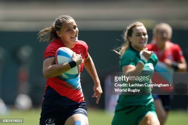 Marina Kukina of Russia runs away to score a try against Ireland during day two of the Rugby World Cup Sevens at AT&T Park on July 21, 2018 in San...