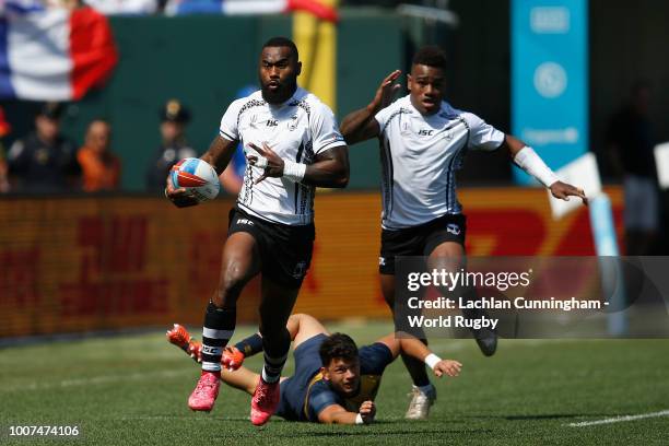 Amenoni Nasilasila of Fiji competes against Argentina during day two of the Rugby World Cup Sevens at AT&T Park on July 21, 2018 in San Francisco,...