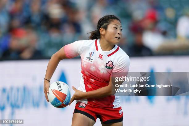 Yume Okuroda of Japan competes against England during day two of the Rugby World Cup Sevens at AT&T Park on July 21, 2018 in San Francisco,...