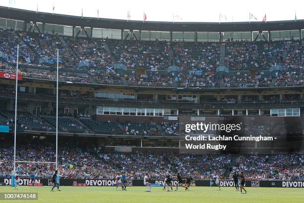 General view of play during the match between New Zealand and France on day two of the Rugby World Cup Sevens at AT&T Park on July 21, 2018 in San...