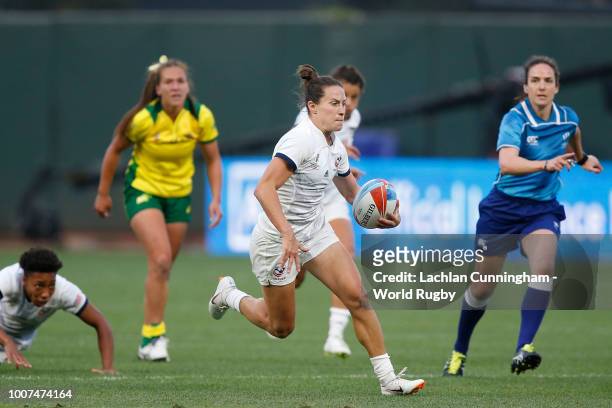Lauren Doyle of the United States competes against Australia during day two of the Rugby World Cup Sevens at AT&T Park on July 21, 2018 in San...
