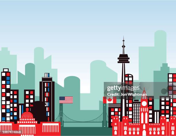 mixed cityscape with us and canadian buildings. - cn tower stock illustrations