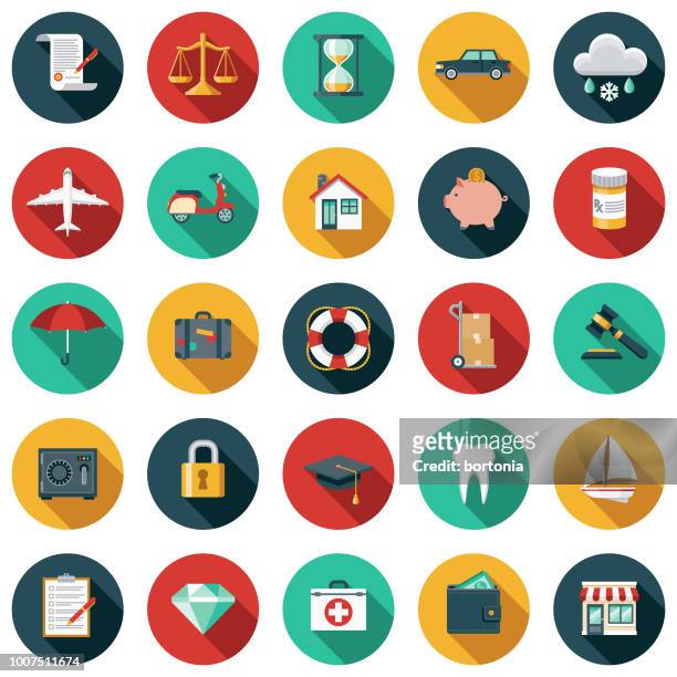 insurance flat design icon set - color image stock illustrations