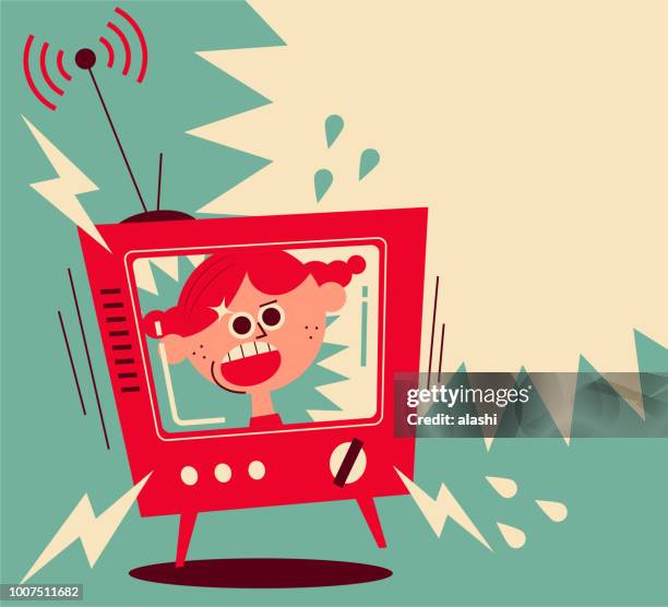 stockillustraties, clipart, cartoons en iconen met meisje op tv scherm schreeuwen - woedend