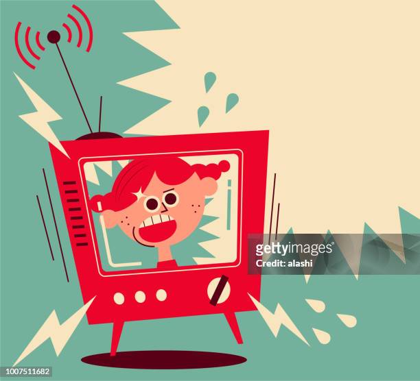 girl on tv screen shouting - humor stock illustrations stock illustrations