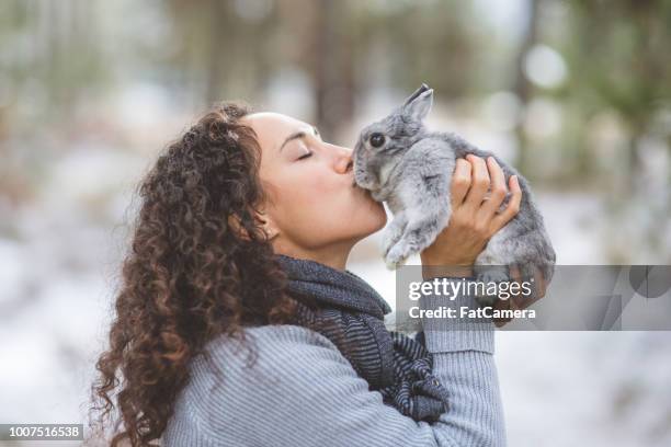 jeune femme baise son lapin lors d’une randonnée dans la neige - rabbit kisses photos et images de collection