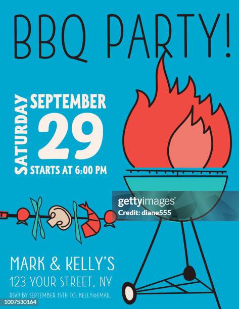 retro bbq party invitation template - fire font vector stock illustrations