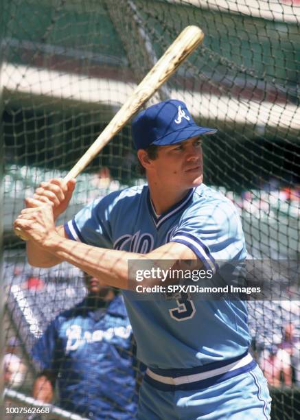 Dale Murphy of the Atlanta Braves in the batting cage before a game from his 1986 season with the Atlanta Braves . Dale Murphy played for 18 years...