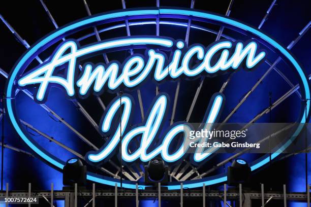 An illuminated American Idol sign is displayed during the American Idol Live! 2018 tour at the Orleans Arena on July 29, 2018 in Las Vegas, Nevada.
