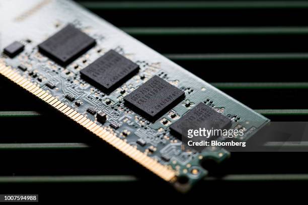 Memory chips are seen on a Samsung Electronics Co. Memory module in this arranged photograph in Seoul, South Korea, on Thursday, July 26, 2018....