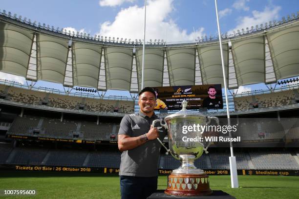 Classic All Black Keven Mealamu poses with the Bledisloe Cup after the 2019 Bledisloe Cup Media Announcement at Optus Stadium on July 30, 2018 in...