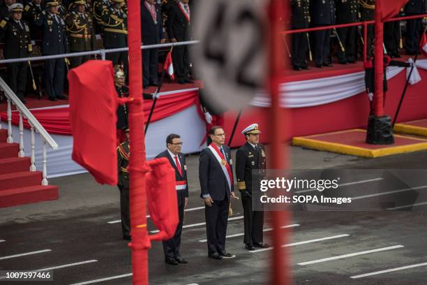 Peru's President Martin Vizcarra seen at the military parade. Members of Peru's armed forces, coastguard, search & rescue, and police march in full...