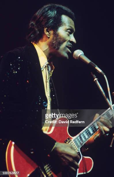 American singer, songwriter and guitarist Chuck Berry performs live on stage at The New Victoria Theatre in London on 21st May 1976.