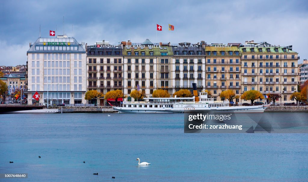 The Buildings at Lake Geneva Riverbank, Geneva, Switzerland