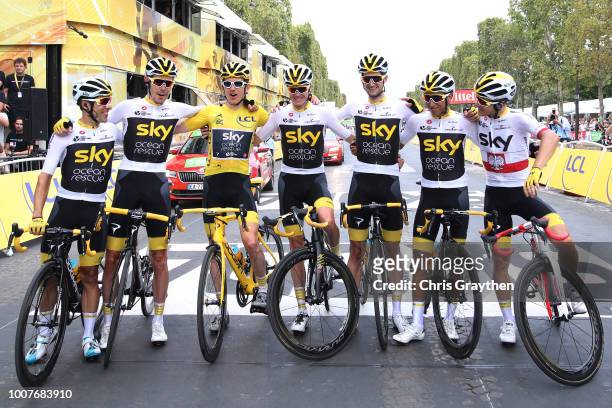Arrival / Geraint Thomas of Great Britain Yellow Leader Jersey / Christopher Froome of Great Britain / Egan Arley Bernal of Colombia / Jonathan...