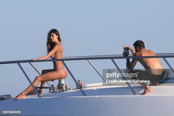 Belen Rodriguez and Andrea Iannone are seen on July 29, 2018 in Ibiza, Spain.