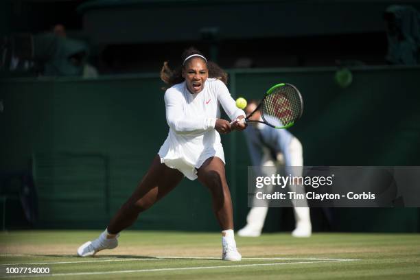 Serena Williams of the United States in action against Angelique Kerber of Germany in the Ladies' Singles Final on Center Court during the Wimbledon...