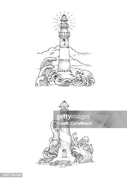 lighthouse in waves - light house line drawing stock illustrations