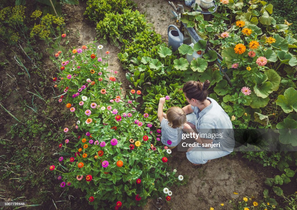 Frau mit Sohn in einem Heim Garten gewachsen