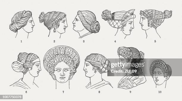 ilustraciones, imágenes clip art, dibujos animados e iconos de stock de antiguos peinados del mundo grecorromano, grabados en madera, publicaron 1897 - braided hair