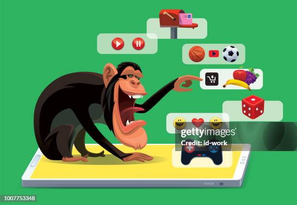 ilustrações, clipart, desenhos animados e ícones de chimpanzé compras on-line via smartphone - monkey emoji