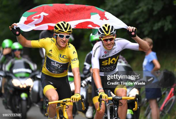 Geraint Thomas of Great Britain and Team Sky Yellow Leader Jersey / Luke Rowe of Great Britain and Team Sky / Celebration / Wales flag / during the...