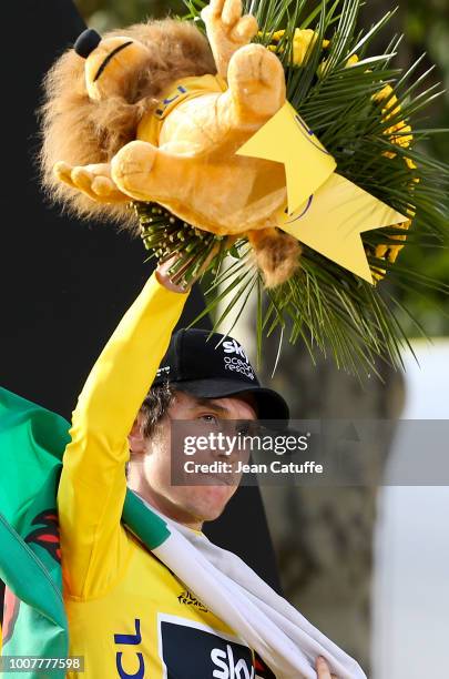 Winner of the Tour, yellow jersey Geraint Thomas of Great Britain and Team Sky during the podium ceremony following stage 21 of Le Tour de France...