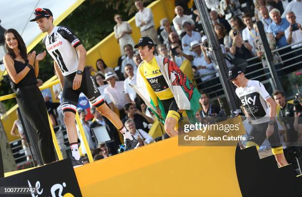 Second place Tom Dumoulin of the Netherlands and Team Sunweb, wiinner of the Tour yellow jersey Geraint Thomas of Great Britain and Team Sky, third...