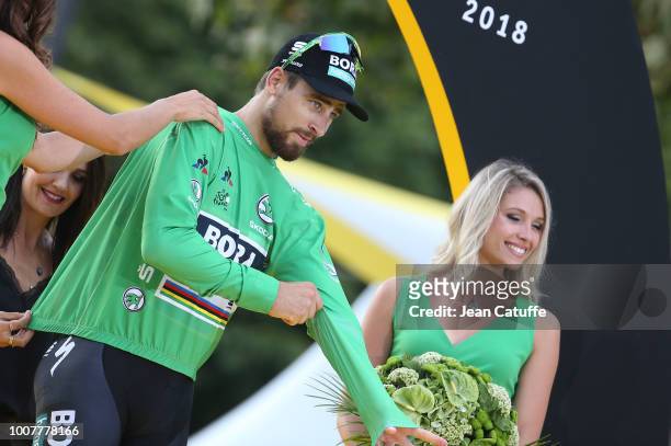 Peter Sagan of Slovakia and Team Bora-Hansgrohe, winner of green jersey of best sprinter during the podium ceremony following stage 21 of Le Tour de...